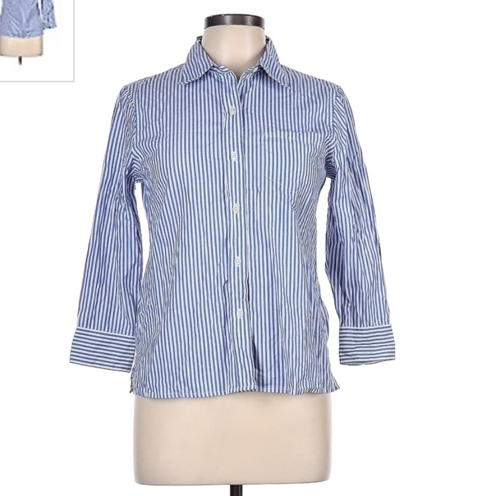 Lucky Brand Blue White Striped Button Collared Shirt Women's Large L Office EUC
